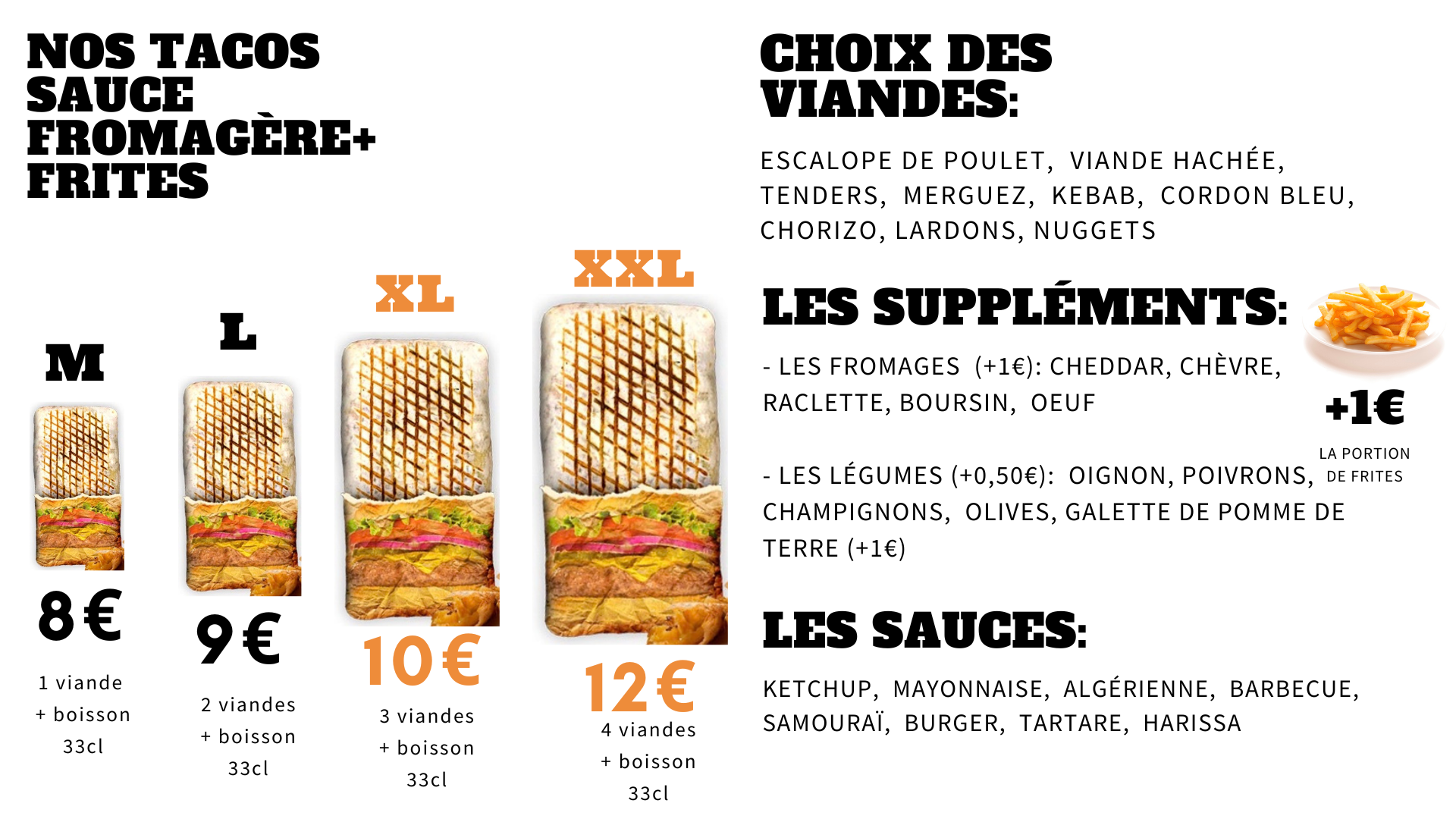 Menu Tacos - Découvrez nos délicieux tacos français avec sauce fromagère