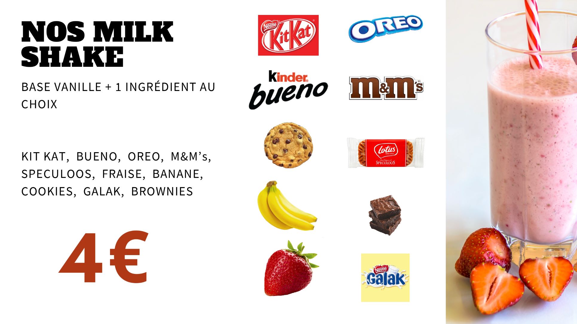 Menu Milkshake - Milkshakes gourmands avec toppings au choix